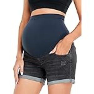 Women's Stretchy Maternity Jean Shorts Over The Belly Comfy Denim